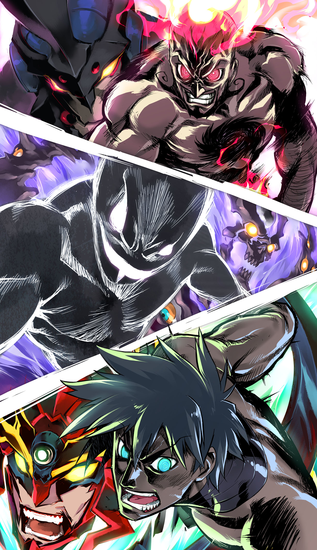 shiro (tamago no kara), shirou, antispiral, grand zamboa, lazengann, lordgenome, simon (ttgl), tengen toppa gurren-lagann (mecha), tengen toppa gurren lagann, tengen toppa gurren lagann: lagann-hen, highres, 00s, 3boys, @ @, chest hair, epic, male focus, manly, mecha, multiple boys, muscular, ringed eyes, robot, spiral power, super robot