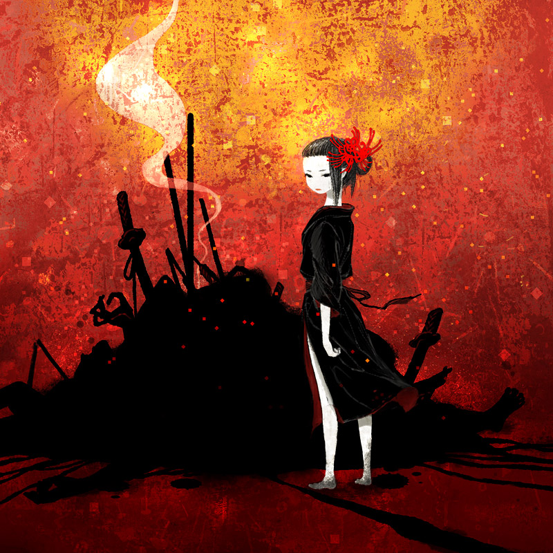 mercurycraze, original, bad id, bad pixiv id, barefoot, black hair, blunt bangs, hime cut, japanese clothes, kimono, pale skin, short hair, solo, sword, weapon, yukata