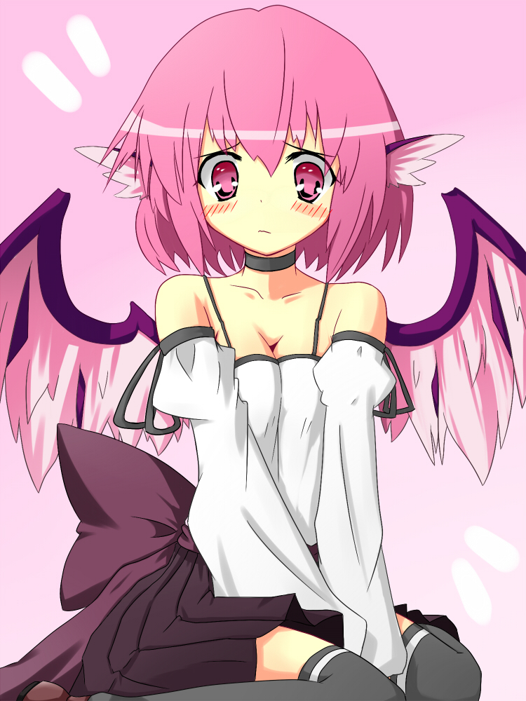 urimono, mystia lorelei, touhou, bad id, bad pixiv id, 1girl, alternate costume, animal ears, bare shoulders, black thighhighs, blush, bow, breasts, camisole, choker, cleavage, contemporary, detached sleeves, female focus, gradient background, kneeling, large bow, looking down, pink eyes, pink hair, pleated skirt, ribbon, short hair, sitting, skirt, solo, thighhighs, v arms, wariza, wings, zettai ryouiki