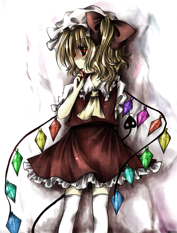 kurona, flandre scarlet, embodiment of scarlet devil, touhou, 1girl, blonde hair, blood, female focus, hair ribbon, hat, lingerie, petticoat, red eyes, ribbon, solo, thighhighs, underwear, white thighhighs, wings, zettai ryouiki