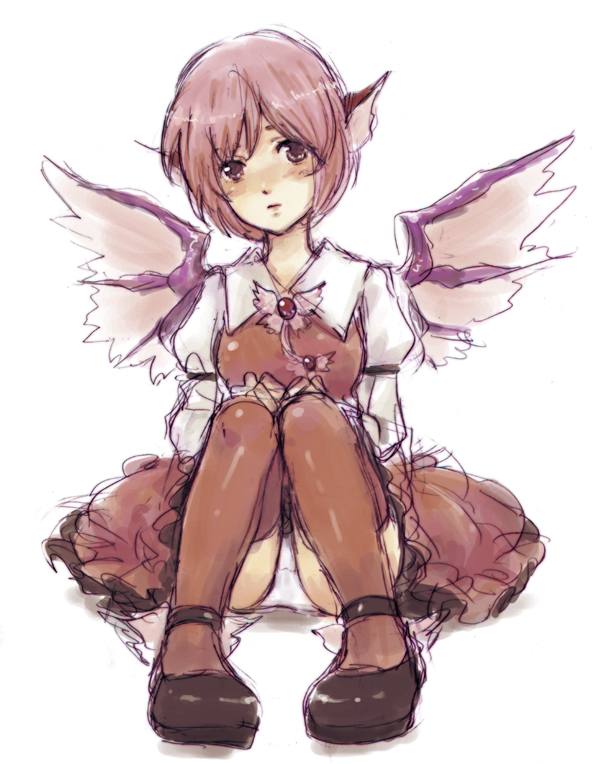 tsun (tsuncha), tsuncha, mystia lorelei, touhou, bad id, bad pixiv id, 1girl, animal ears, blush, brown hair, female focus, head tilt, no headwear, panties, pantyshot, pink eyes, pink hair, short hair, sitting, sketch, solo, thighhighs, underwear, white background, white panties, wings