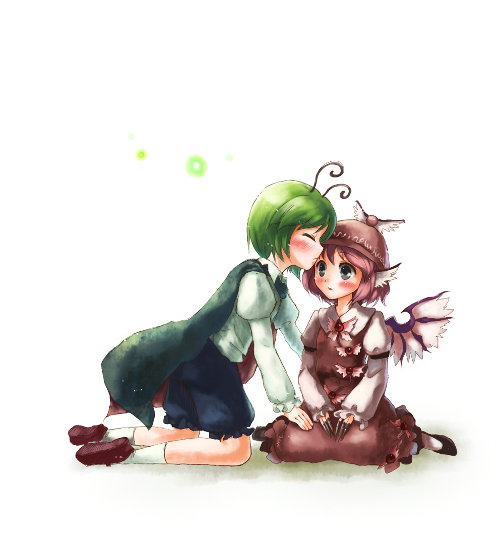 iwa, iwa hinata, mystia lorelei, wriggle nightbug, touhou, bad id, bad pixiv id, 2girls, animal ears, antennae, blush, bug, closed eyes, female focus, fireflies, firefly, green hair, multiple girls, pink hair, short hair, wings