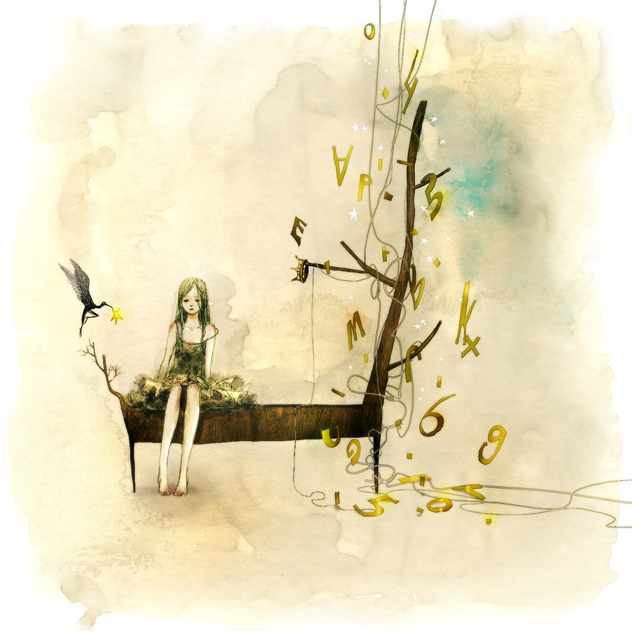 mercurycraze, original, bad id, bad pixiv id, barefoot, bird, dress, green hair, solo, tree