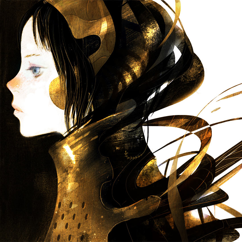 mercurycraze, original, bad id, bad pixiv id, armor, black hair, blue eyes, pale skin, profile, solo