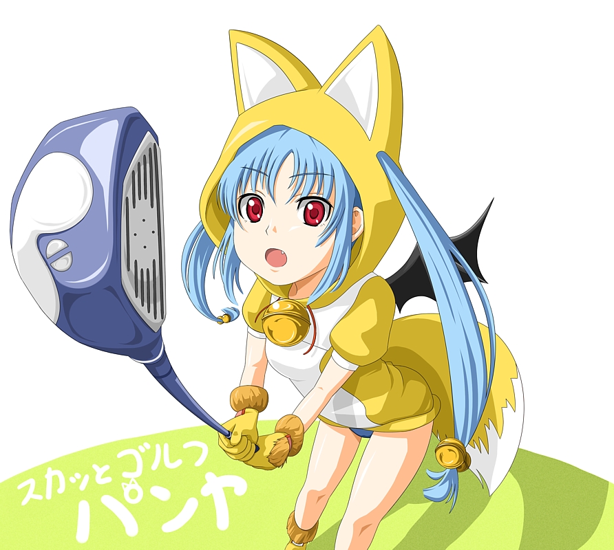 uron-rei, kooh (pangya), pangya, bad id, bad pixiv id, 1girl, animal costume, animal ears, bat wings, bell, blue hair, buruma, child, female focus, fox costume, fox ears, fox tail, golf club, long hair, solo, tail, wings