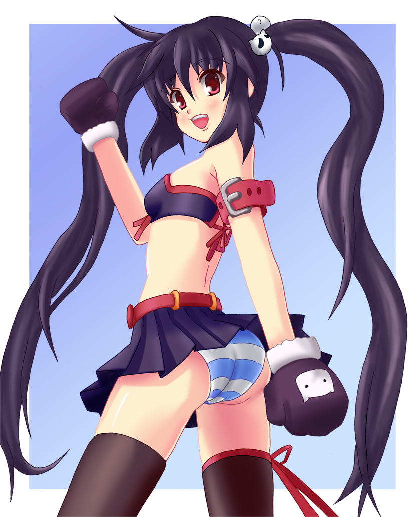 ikki (dog cafe), kooh (pangya), pangya, black hair, gloves, long hair, miniskirt, panties, red eyes, skirt, solo, striped clothes, striped panties, thighhighs, twintails, underwear, zettai ryouiki