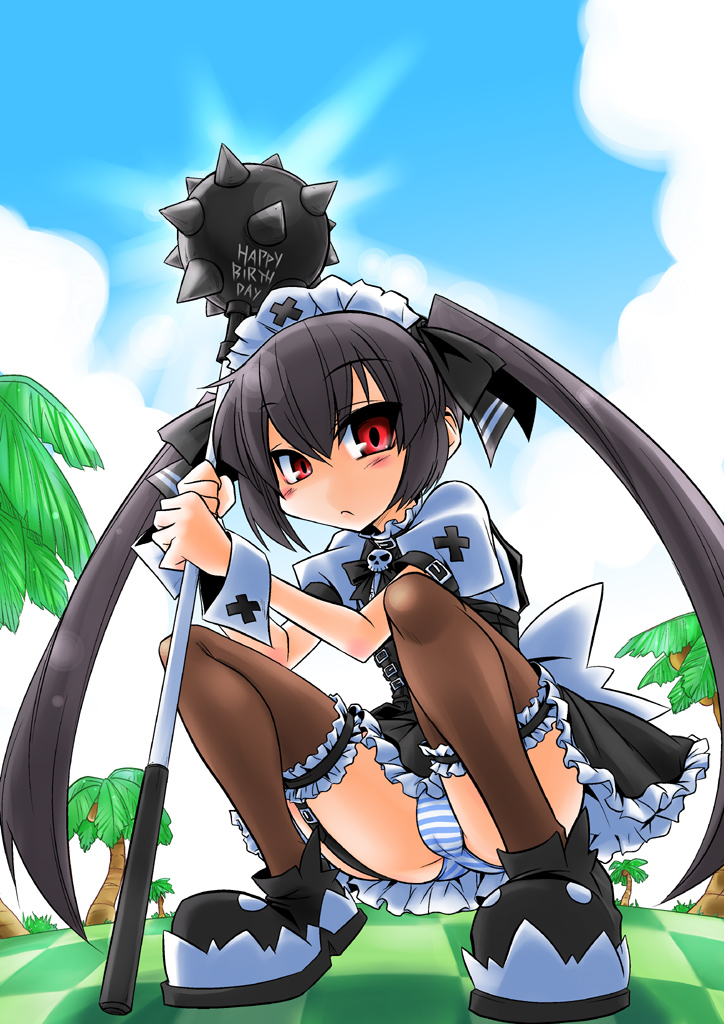 kobayashi tetsuya, kooh (pangya), pangya, 1girl, black hair, bow, cameltoe, female focus, golf club, grey hair, hair ribbon, loli, long hair, maid, panties, red eyes, ribbon, solo, striped clothes, striped panties, thighhighs, twintails, underwear, weapon