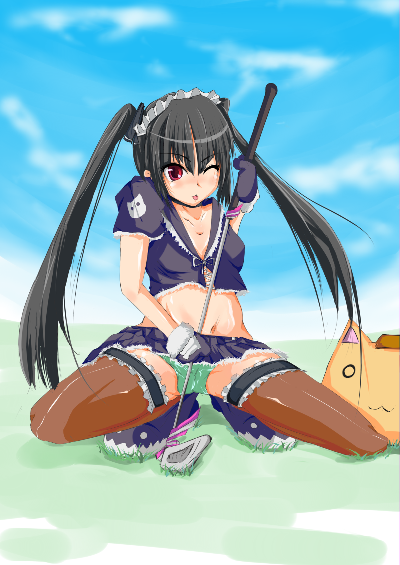 kureson (pixiv 450830), kooh (pangya), papel (pangya), pangya, highres, 1girl, black hair, female focus, golf club, long hair, midriff, miniskirt, panties, red eyes, skirt, solo, solo focus, thighhighs, twintails, underwear, zettai ryouiki