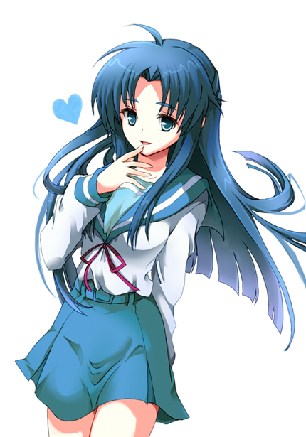 mayachi (amuriya), rate (pixiv), asakura ryoko, suzumiya haruhi no yuuutsu, 00s, 1girl, arm behind back, blue eyes, blue hair, female focus, finger to mouth, heart, light smile, long hair, matching hair/eyes, school uniform, serafuku, simple background, solo