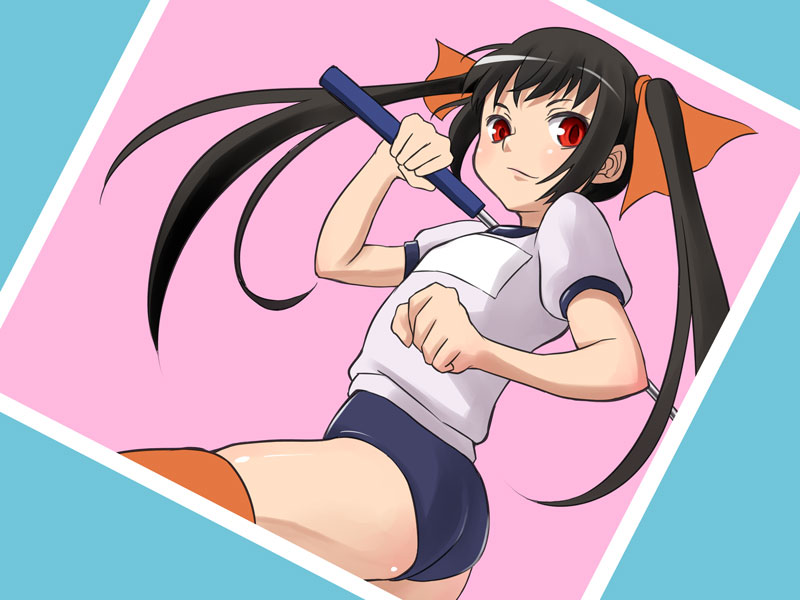 mofu (mof swimradio), kooh (pangya), pangya, bad id, bad pixiv id, black hair, buruma, child, golf club, gym uniform, red eyes, solo, thighhighs, twintails