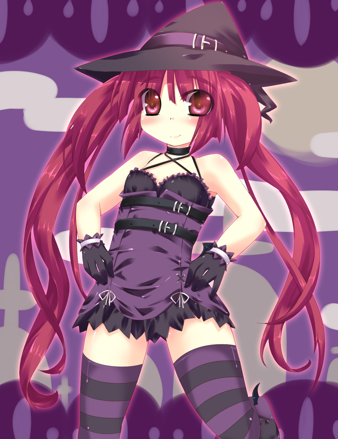 alfred (artist), kooh (pangya), pangya, striped, highres, gloves, hat, long hair, red eyes, red hair, skirt, solo, thighhighs, twintails, witch, witch hat