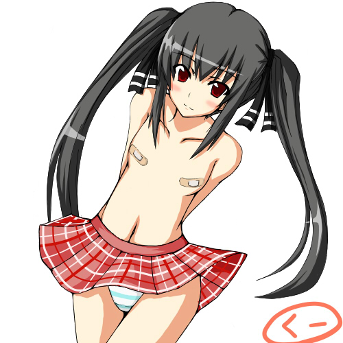 kakura yoshiki, kooh (pangya), pangya, bad id, bad pixiv id, lowres, 1girl, bandaid, bandaids on nipples, black hair, blush, female focus, flat chest, hair ribbon, loli, long hair, panties, pasties, red eyes, ribbon, skirt, solo, striped clothes, striped panties, topless female, twintails, underwear