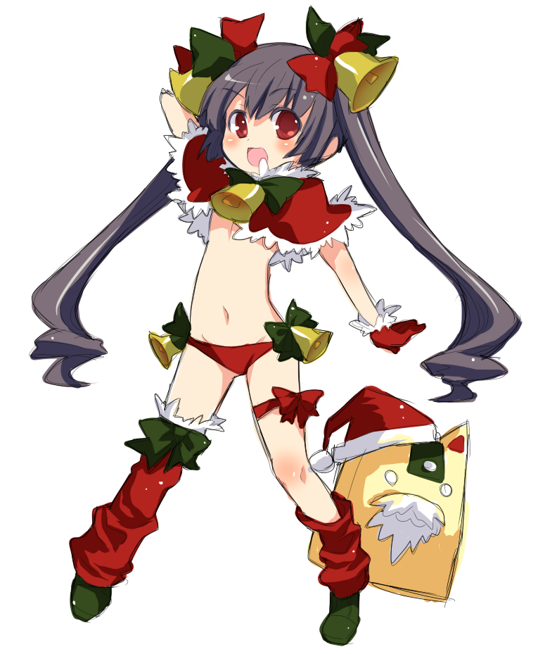 manimani, manimani (mani ma), kooh (pangya), papel (pangya), pangya, 1girl, bell, black hair, christmas, female focus, gloves, hair ribbon, hat, loli, long hair, lowleg, red gloves, ribbon, santa costume, santa hat, solo, twintails