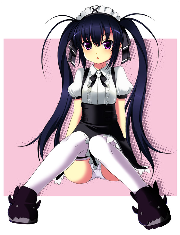 kyoku tou, kooh (pangya), pangya, black hair, child, hair ribbon, long hair, panties, red eyes, ribbon, solo, thighhighs, twintails, underwear