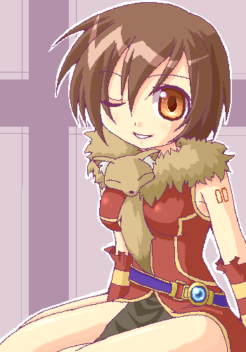 shirokuro (lapinnoir), meiko (vocaloid), professor, professor (ragnarok online), ragnarok online, vocaloid, fur, lowres, 1girl, breasts, brown hair, female focus, jewelry, oekaki, one eye closed, short hair, smile, solo, tattoo, wink