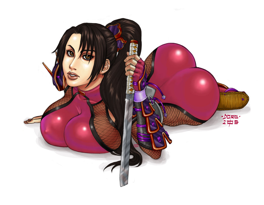 dorotea gizzi, taki (soulcalibur), soul calibur, soulcalibur, soulcalibur iv, 1girl, armor, ass, black hair, bodysuit, breast press, breasts, brown eyes, brown hair, female focus, fishnets, huge ass, huge breasts, large breasts, lips, long hair, looking at viewer, lying, ninja, on stomach, ponytail, skin tight, solo, sword, weapon, wide hips