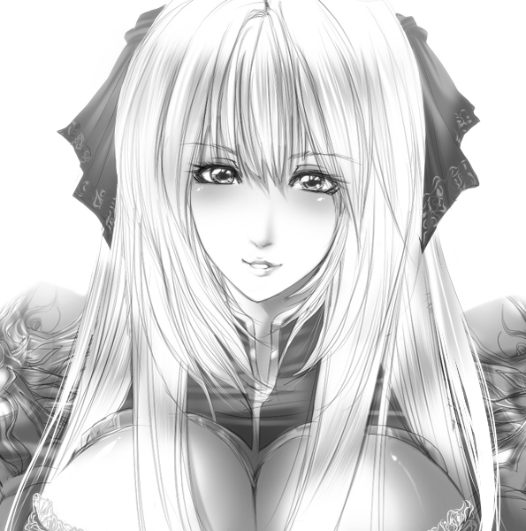 juri (shiningred), jyuri (artist), arch bishop (ragnarok online), archbishop (ro), ragnarok online, bad id, bad pixiv id, 1girl, breasts, female focus, greyscale, huge breasts, lipstick, long hair, makeup, monochrome, ribbon, smile, solo, twintails, water