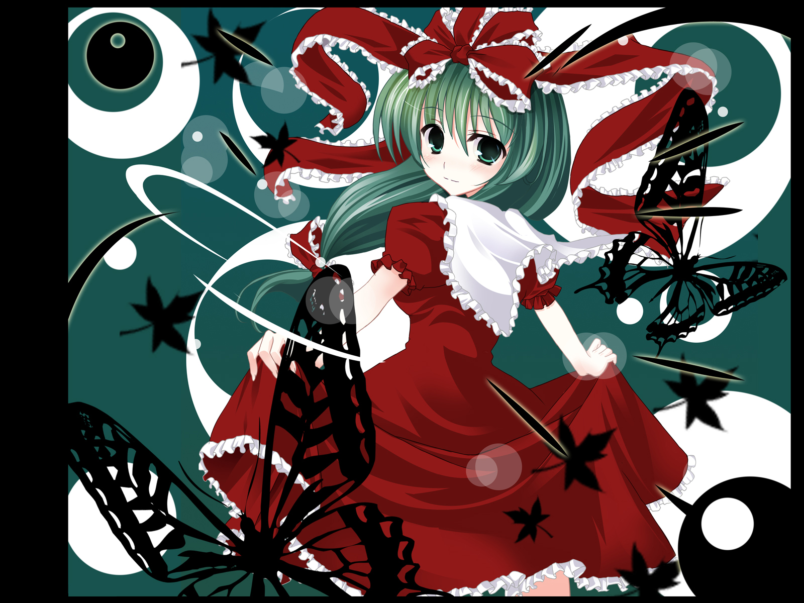 kurume shou, kagiyama hina, touhou, bad id, bad pixiv id, highres, 1girl, female focus, front ponytail, green eyes, green hair, hair ribbon, matching hair/eyes, ribbon, short hair, solo
