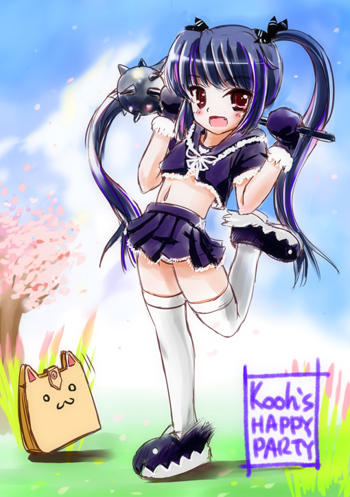 marneko, kooh (pangya), papel (pangya), pangya, :3, black hair, gloves, golf club, hair ribbon, long hair, midriff, miniskirt, panties, red eyes, ribbon, shoes, skirt, solo, thighhighs, twintails, underwear, white thighhighs