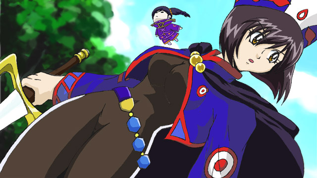 chloe valens, jay (tales), tales of (series), tales of legendia, 2girls, black hair, bodysuit, breasts, brown eyes, cape, hat, multiple girls, sword, tree, weapon