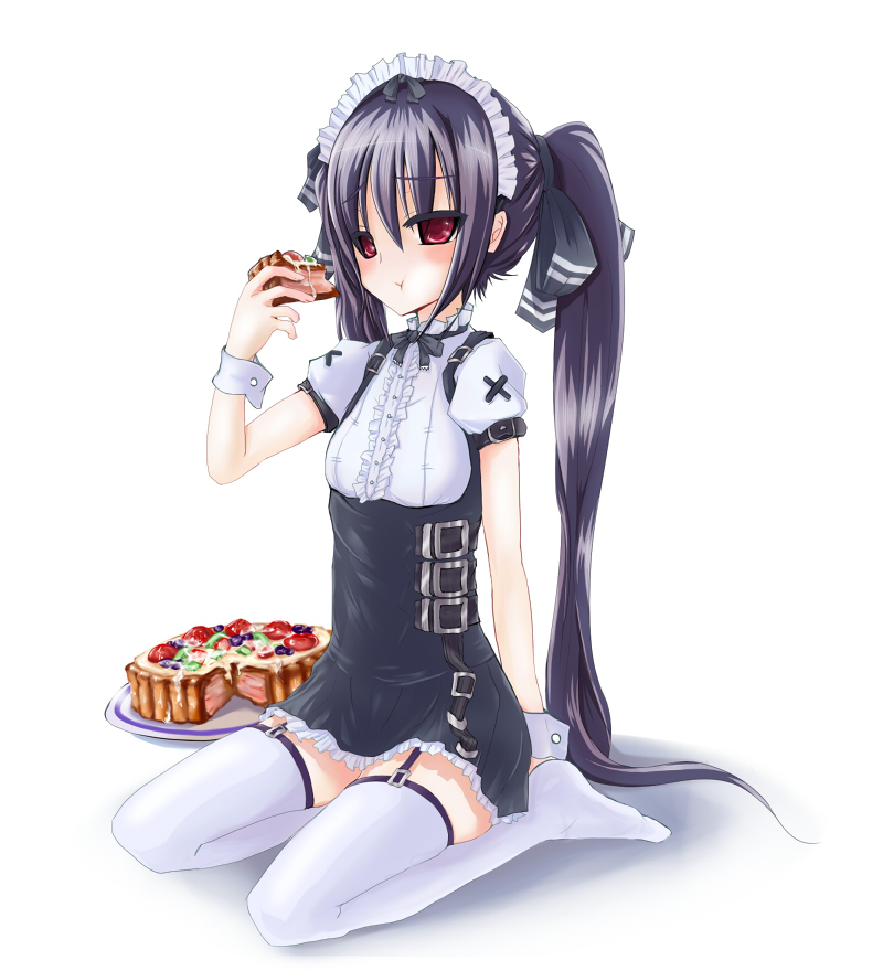 de so, kooh (pangya), pangya, bad id, bad pixiv id, black hair, cake, eating, food, hair ribbon, legs, long hair, pastry, red eyes, ribbon, solo, thighhighs, zettai ryouiki