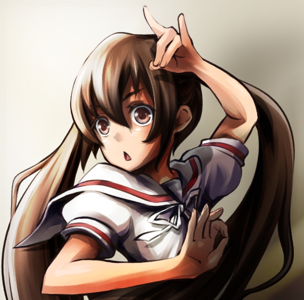 hanasaki, minami kana, minami-ke, bad id, bad pixiv id, 00s, 1girl, brown hair, chestnut mouth, female focus, fighting stance, m/, solo, twintails