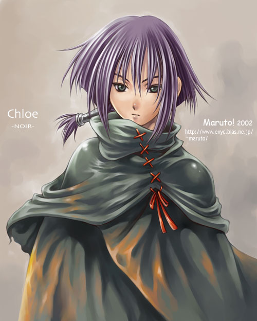 maruto!, chloe (noir), noir (anime), 00s, 1girl, brown background, character name, cloak, copyright name, dated, female focus, green eyes, hair between eyes, ponytail, purple hair, solo, standing, upper body