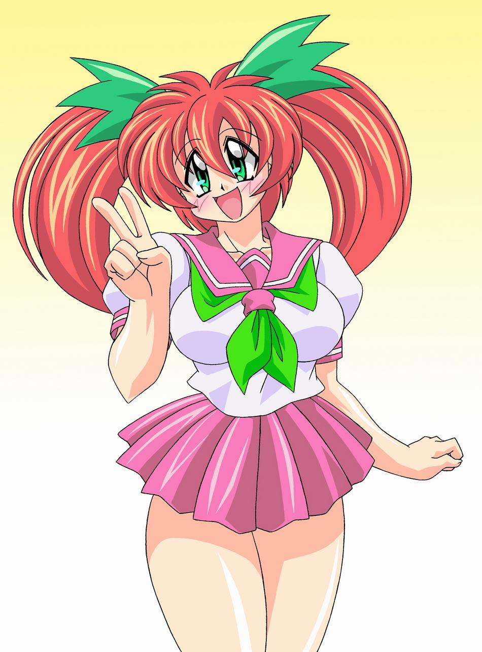 highres, blush, breasts, cleavage, school uniform, smile, v