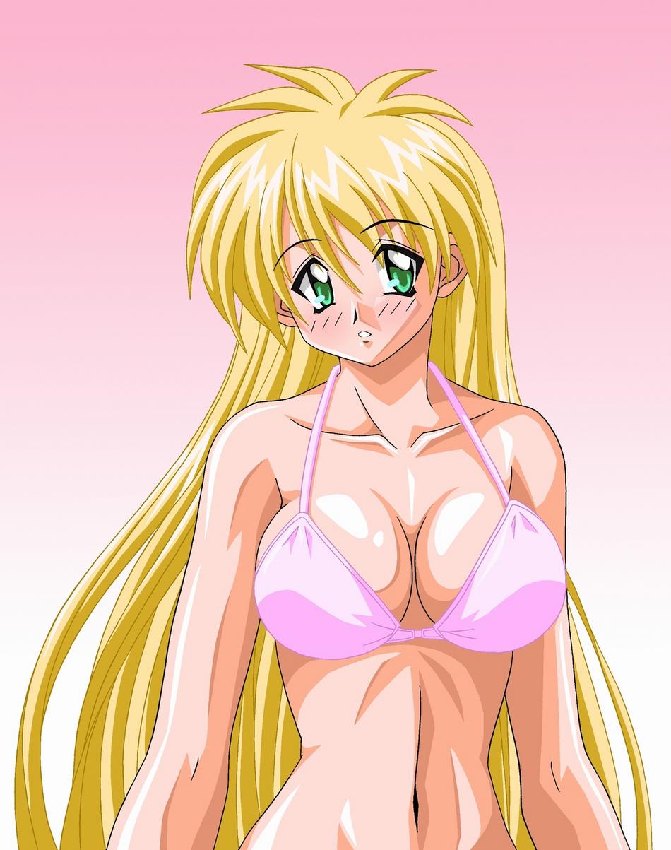 legion gumi, bakunyuu! bakunyuu! sakunyuu!, character request, highres, 1girl, bikini, bikini top only, blonde hair, blush, breasts, cleavage, collarbone, green eyes, large breasts, long hair, navel, parted lips, pink background, pink bikini, standing, swimsuit, teeth, upper body