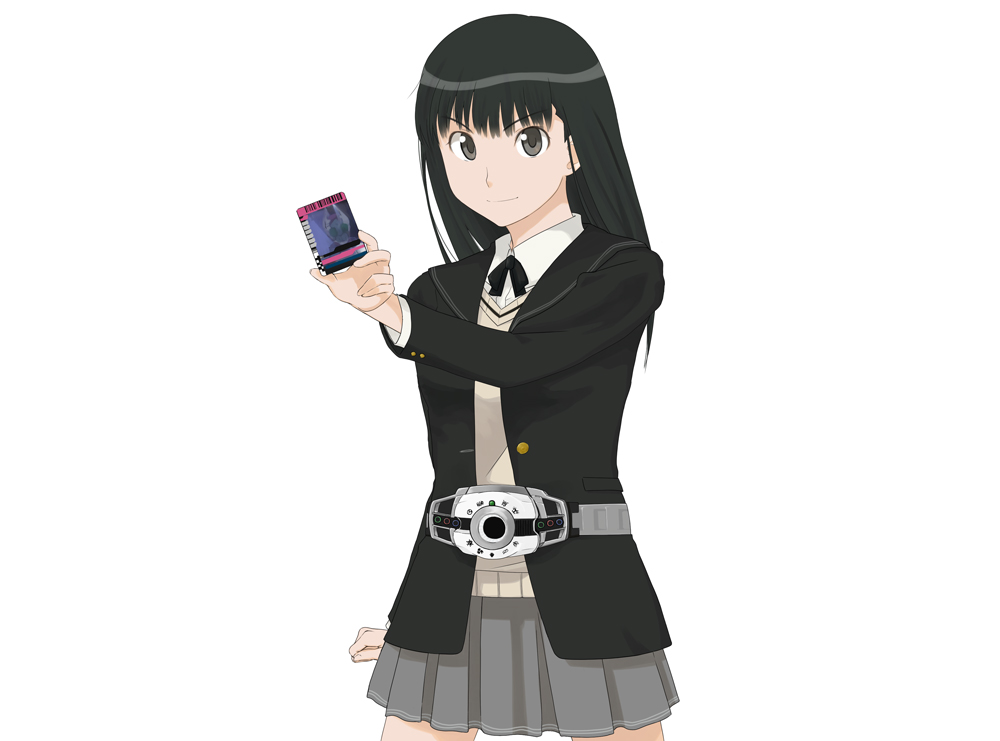 an-atlas, ayatsuji tsukasa, kamen rider garren, amagami, kamen rider, kamen rider dcd, 1girl, belt, black hair, blazer, card, female focus, holding, holding card, jacket, name connection, parody, pleated skirt, school uniform, skirt, solo