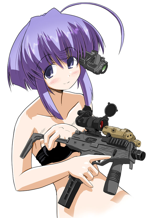 excel (gewalt), brugger & thomet, 1girl, ahoge, b&t mp9, blue eyes, bra, female focus, foregrip, gun, huge ahoge, laser sight, lingerie, night-vision device, personal defense weapon, purple hair, scope, solo, submachine gun, telescopic sight, underwear, weapon