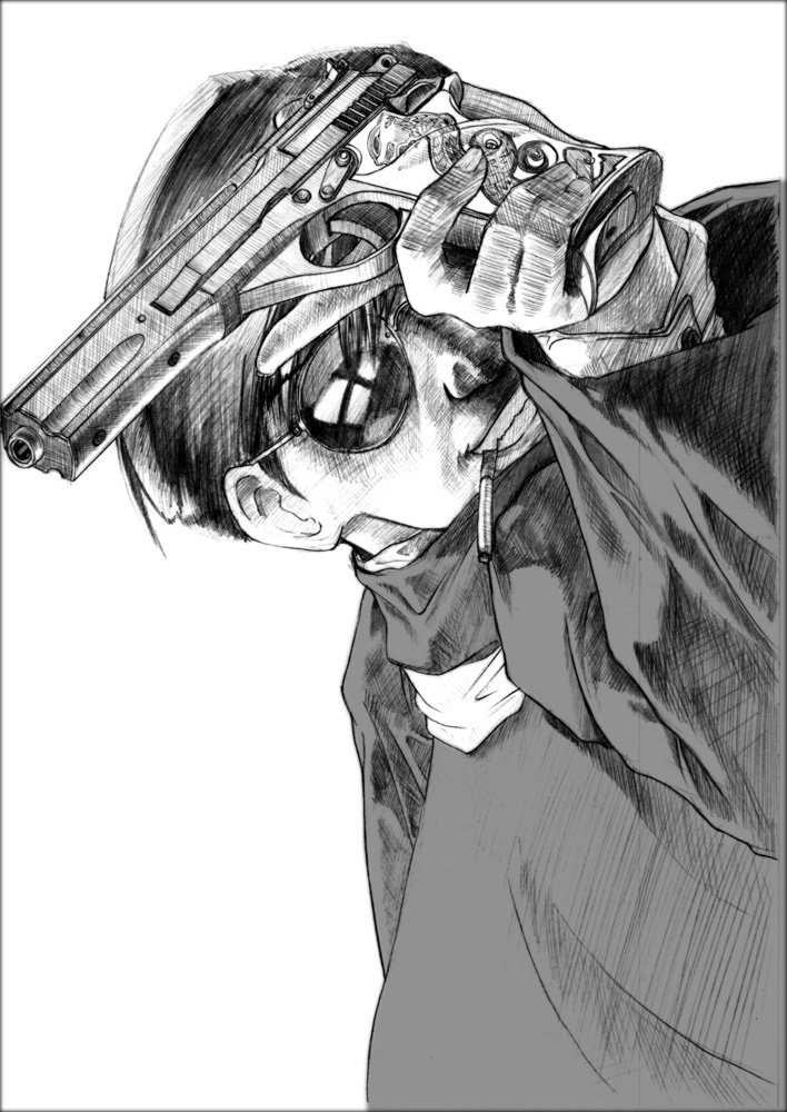 excel (gewalt), chang bai ji-shin, mr. chang, black lagoon, 00s, 1boy, cigarette, greyscale, gun, handgun, male focus, monochrome, pistol, simple background, smoking, solo, sunglasses, upper body, weapon, white background