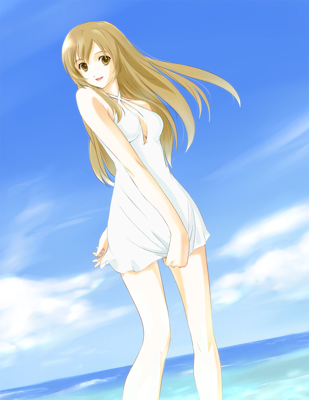 kuuyuu, minami haruka, minami-ke, light brown hair, 00s, 1girl, :d, bare shoulders, blonde hair, blue sky, breasts, cleavage, cleavage cutout, clothing cutout, cloud, day, dress, dress tug, female focus, halterneck, legs apart, long hair, looking at viewer, medium breasts, ocean, open mouth, outdoors, short dress, sky, sleeveless, sleeveless dress, smile, solo, standing, sundress, wading, white dress, yellow eyes