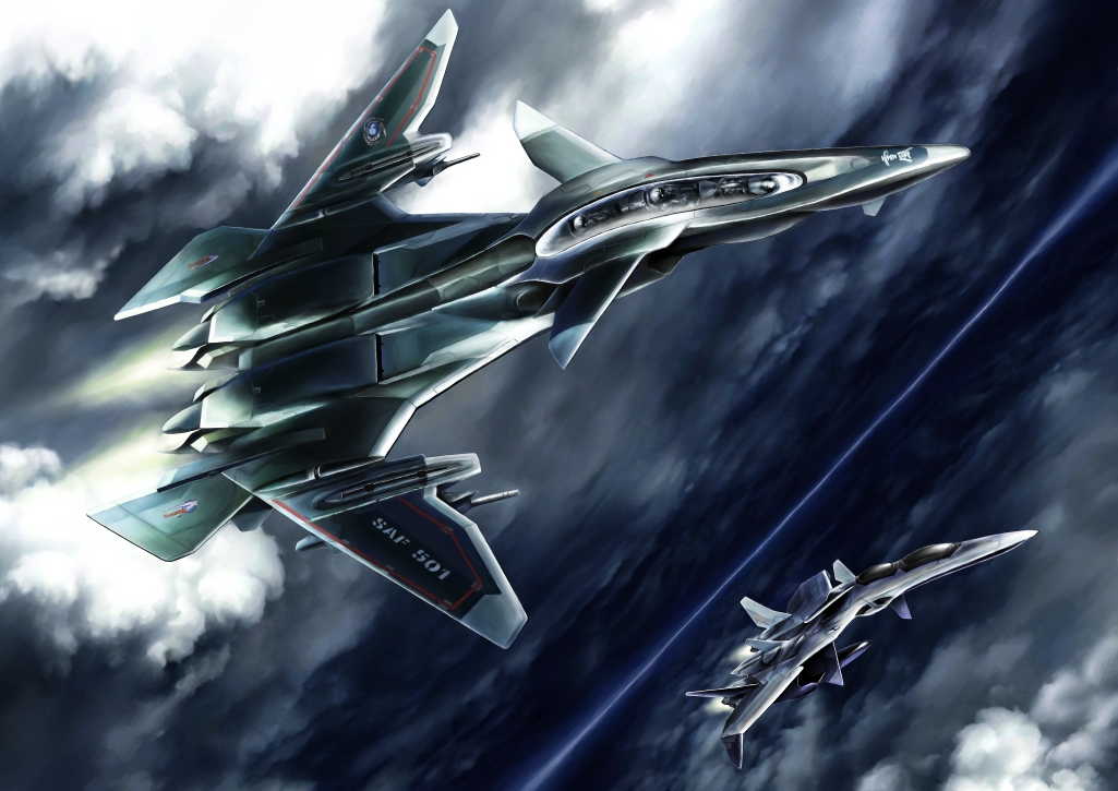 naga hana, ffr-31mr/d super sylph, ffr-41mr, sentou yousei yukikaze, bad id, bad pixiv id, 00s, 2boys, aircraft, airplane, cloud, fighter jet, military, military vehicle, multiple boys, vehicle focus
