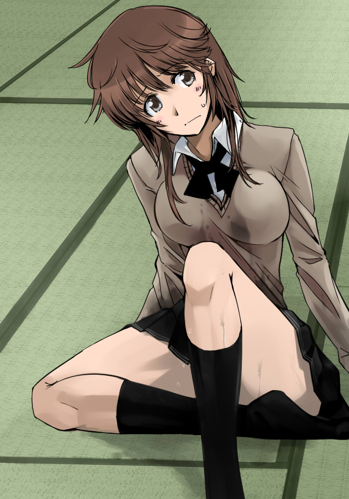 cosaten, sakurai rihoko, amagami, black socks, brown hair, kneehighs, pleated skirt, school uniform, skirt, socks, solo, sweater, wet