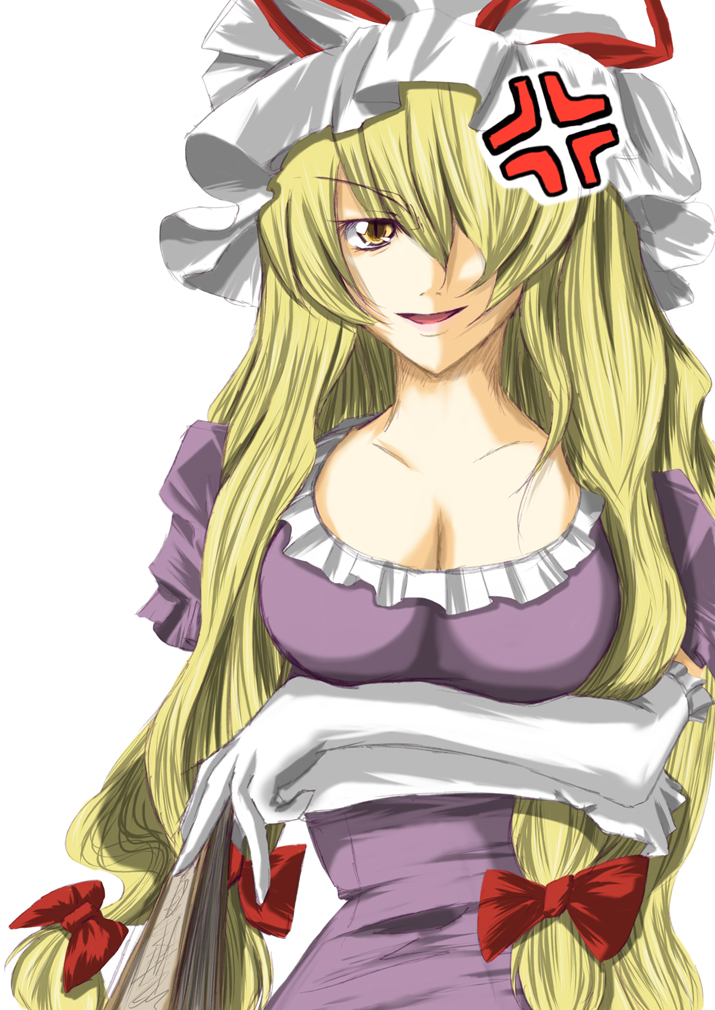 r0g0b0, yakumo yukari, touhou, breast hold, bad id, bad pixiv id, >:d, 1girl, :d, anger vein, angry, blonde hair, bow, breasts, cleavage, collarbone, crossed arms, dress, elbow gloves, female focus, gloves, hair bow, hair over one eye, hair ribbon, hat, hat bow, large breasts, long hair, multiple hair bows, open mouth, purple dress, ribbon, simple background, smile, solo, upper body, v-shaped eyebrows, very long hair, white background, white gloves, yellow eyes