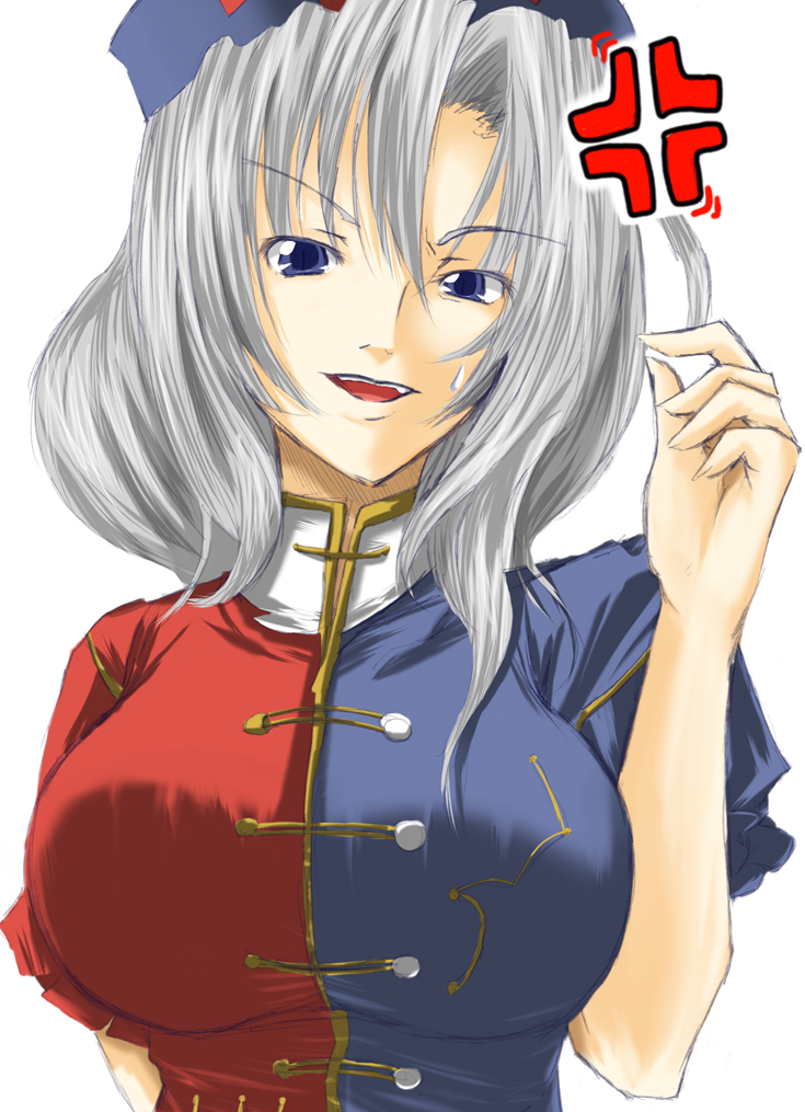 r0g0b0, yagokoro eirin, touhou, silver hair, bad id, bad pixiv id, >:d, 1girl, :d, anger vein, angry, blue eyes, breasts, female focus, hat, head tilt, large breasts, long hair, nurse cap, open mouth, simple background, smile, solo, sweatdrop, twirling hair, upper body, v-shaped eyebrows, white background