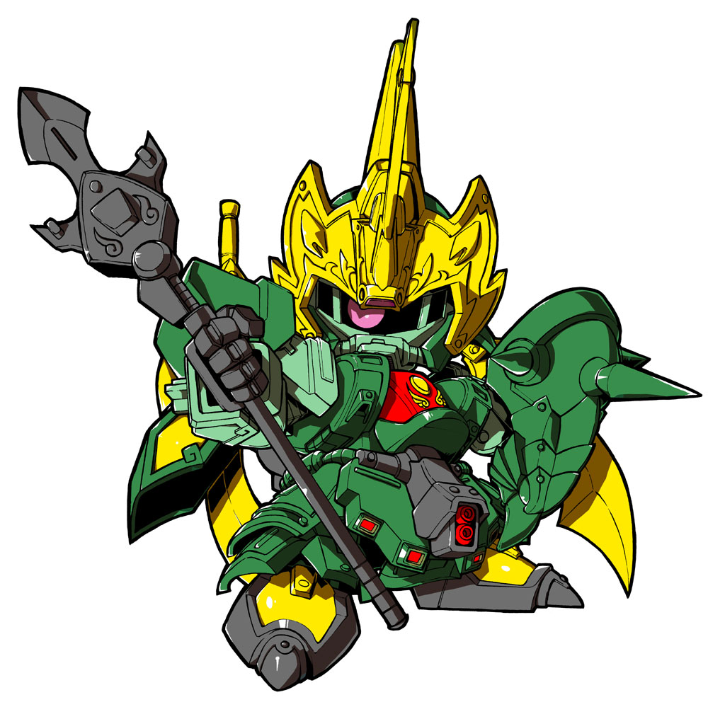 kin, choukou zaku iii, gundam, sd gundam, sd gundam sangokuden, 10s, chibi, no humans, non-humanoid robot, polearm, robot, simple background, solo, spear, weapon