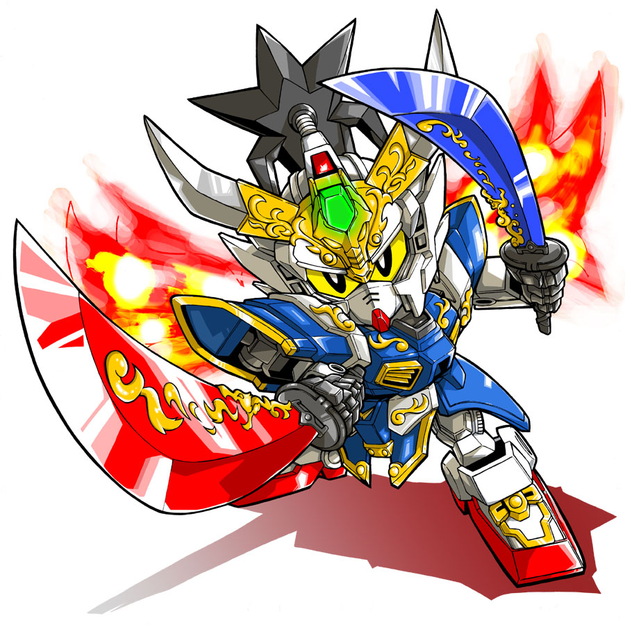 kin, ryuubi gundam, gundam, sd gundam, sd gundam sangokuden, 10s, chibi, dual wielding, holding, no humans, non-humanoid robot, robot, solo, sword, weapon