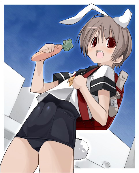 aka ume, original, 1girl, animal ears, backpack, bag, black one-piece swimsuit, carrot, female focus, no pants, old school swimsuit, one-piece swimsuit, playboy bunny swimsuit, rabbit ears, randoseru, school swimsuit, school uniform, serafuku, solo, swimsuit, swimsuit under clothes