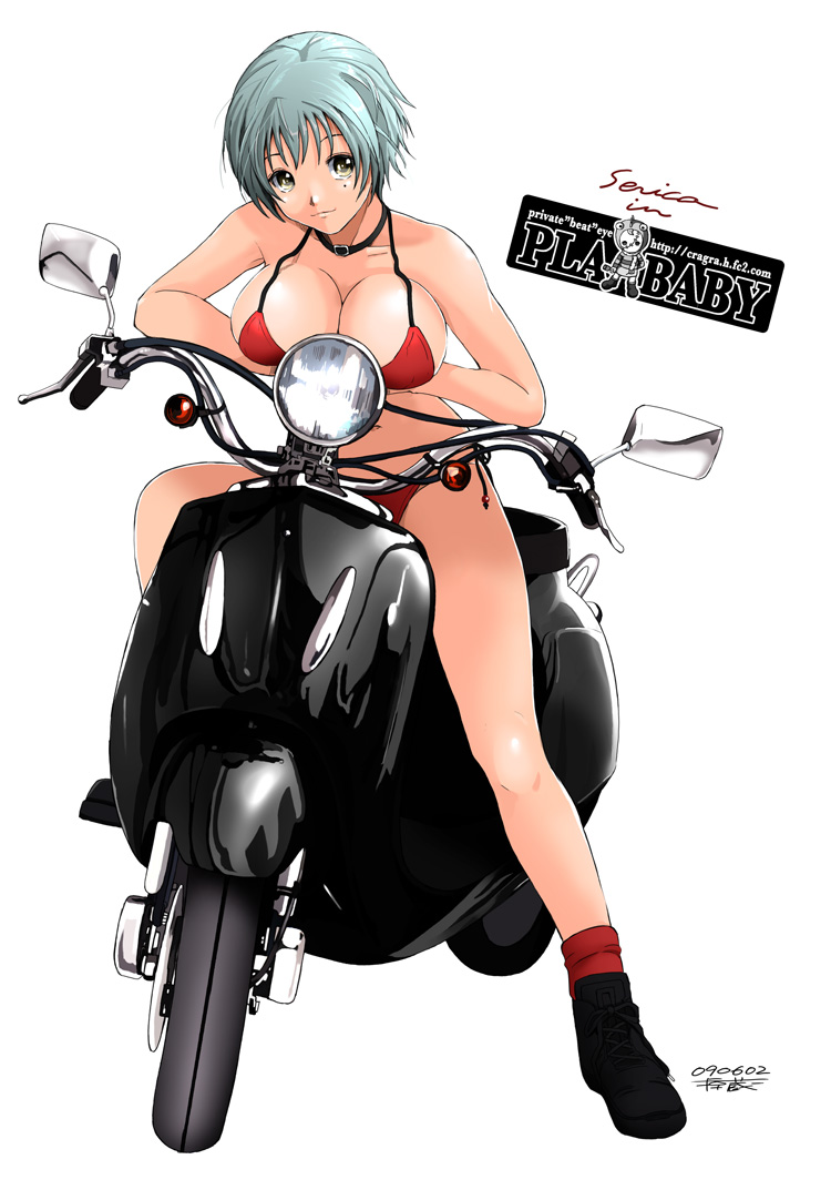 ryouzou, original, vehicle, 1girl, bikini, breasts, female focus, large breasts, mole, mole under eye, motor vehicle, motorcycle, red bikini, scooter, short hair, side-tie bikini bottom, simple background, solo, string bikini, swimsuit