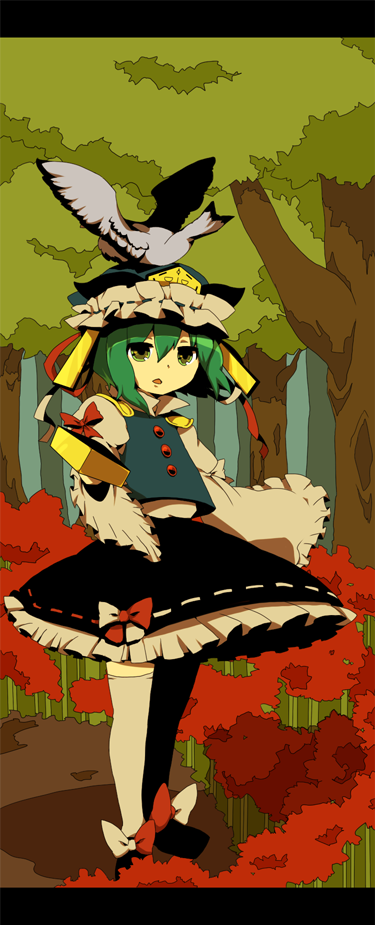 azuma seiji, shiki eiki, touhou, 1girl, animal, animal on head, bird, bird on head, female focus, forest, green hair, hat, letterboxed, nature, on head, rod of remorse, short hair, solo, tree