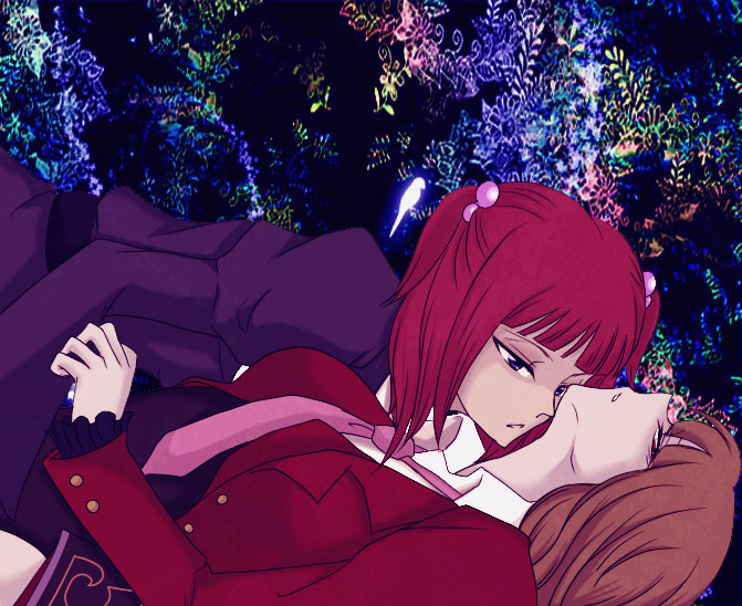 aiko (aibon), mammon (umineko), stakes of purgatory, ushiromiya ange, umineko no naku koro ni, bad id, bad pixiv id, 00s, 2girls, brown hair, hair bobbles, hair ornament, long hair, multiple girls, necktie, pink necktie, red hair, yuri