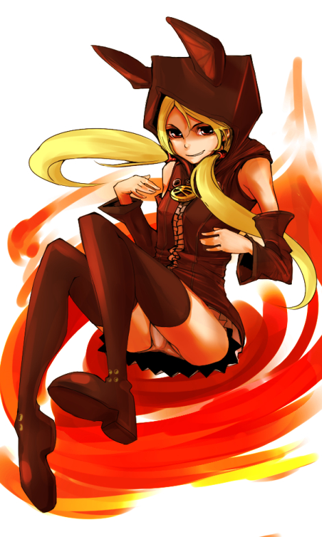 aguhari, tenjuin frederica, psyren, bad id, bad pixiv id, 1girl, animal ears, blonde hair, detached sleeves, female focus, hood, long hair, panties, pantyshot, solo, thighhighs, twintails, underwear