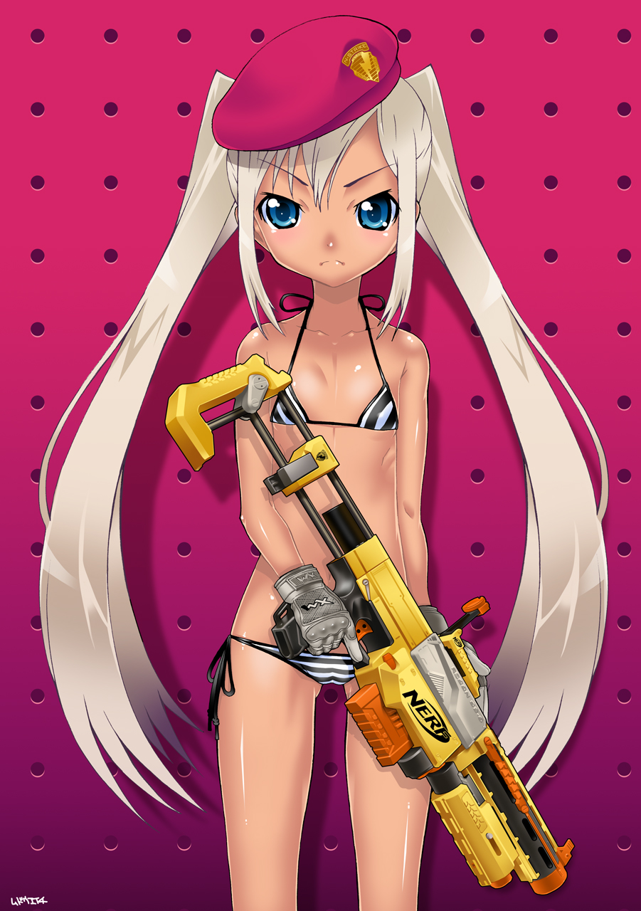 mudou eichi, original, highres, 1girl, beret, bikini, blue eyes, dark-skinned female, dark skin, dart gun, female focus, hat, loli, long hair, lowleg, lowleg bikini, lowleg panties, nerf gun, panties, side-tie bikini bottom, side-tie panties, solo, striped bikini, striped clothes, swimsuit, tan, trigger discipline, twintails, underwear, weapon
