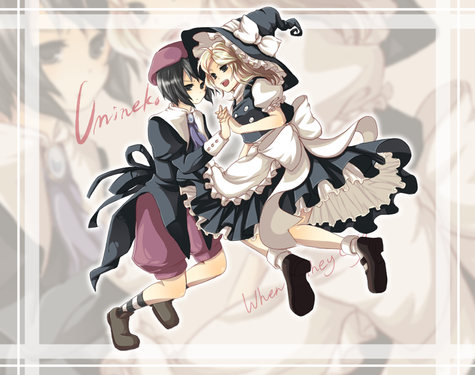 aoi (pixiv335232), kanon (umineko), kirisame marisa, ushiromiya jessica, touhou, turn of the golden witch, umineko no naku koro ni, bad id, bad pixiv id, 1boy, 1girl, black hair, blonde hair, cosplay, full body, hat, hetero, holding hands, kirisame marisa (cosplay), skirt, witch, witch hat