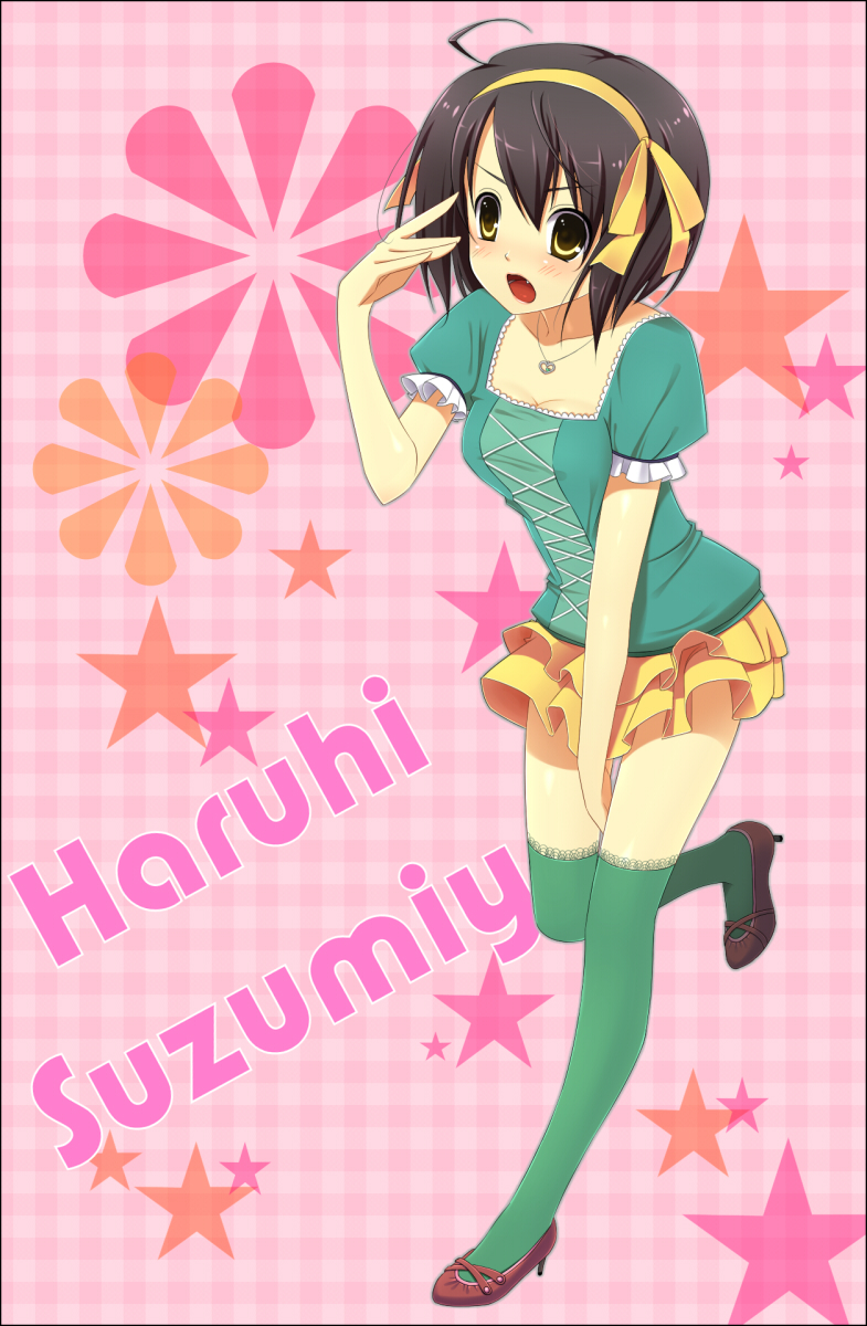 saya (temporubato), suzumiya haruhi, suzumiya haruhi no yuuutsu, highres, 00s, 1girl, black hair, blush, breasts, brown eyes, casual, cleavage, fang, female focus, hairband, medium breasts, short hair, skirt, solo, thighhighs