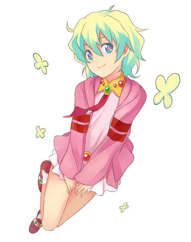 nnyu, nia teppelin, tengen toppa gurren lagann, bad id, bad pixiv id, + +, 00s, 1girl, alternate hairstyle, blue eyes, cross-shaped pupils, dress, female focus, jacket, legs, multicolored hair, necktie, pink dress, pink skirt, short hair, simple background, skirt, smile, solo, symbol-shaped pupils, thighs, white background