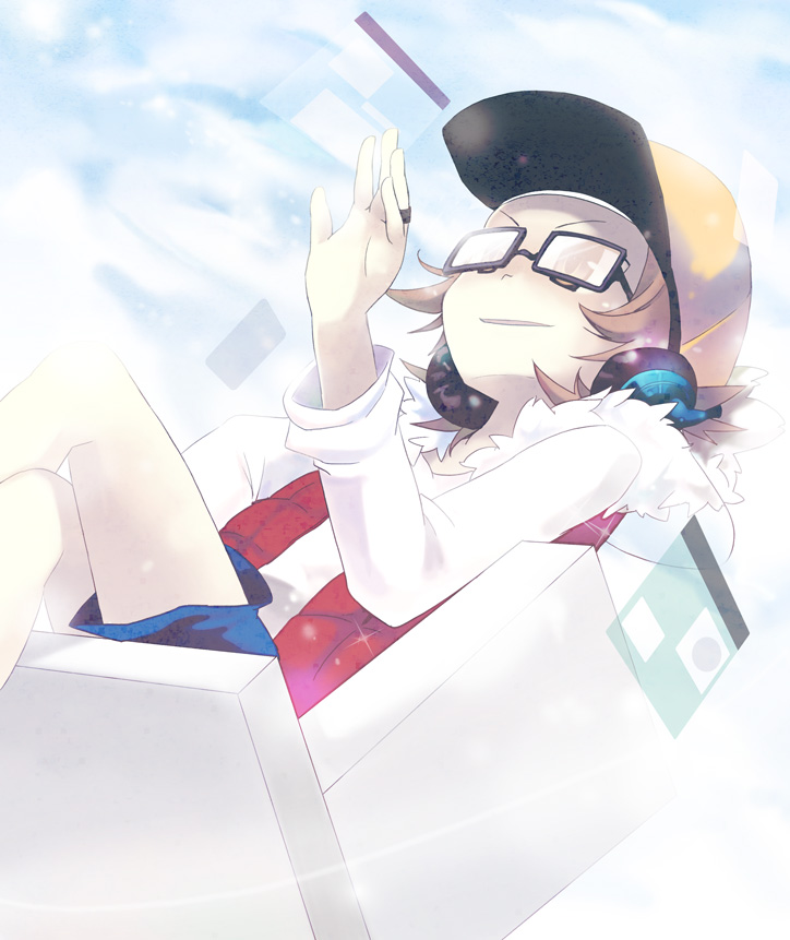 yuzuki gao, mzd, bemani, konami, pop'n music, 1boy, baseball cap, brown hair, crossed legs, dutch angle, from below, glasses, grin, hat, headphones, male focus, short hair, shorts, sitting, smile, solo