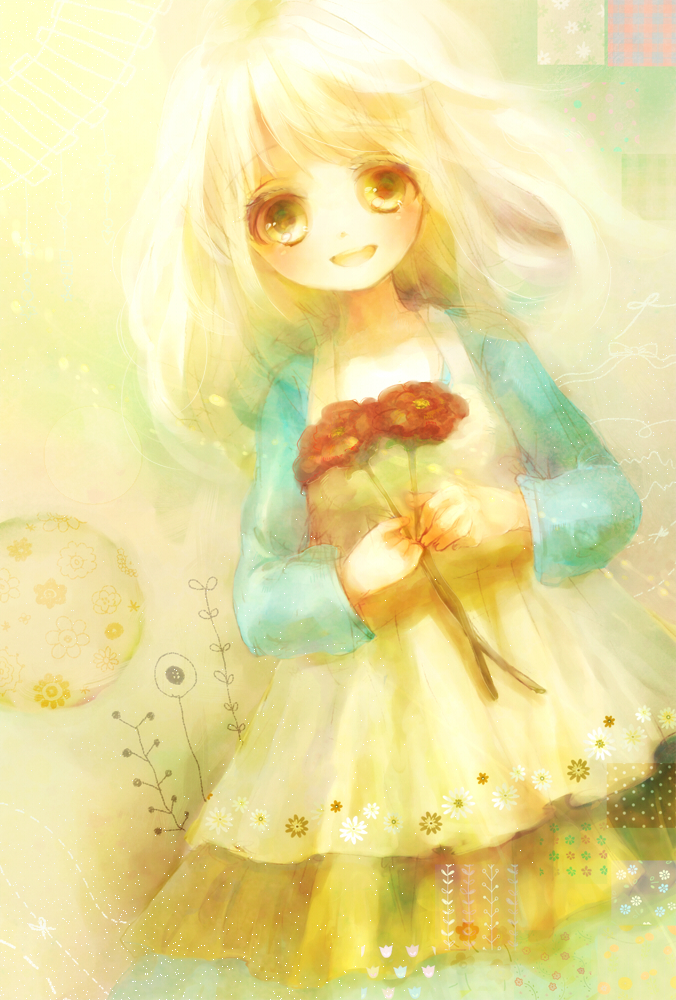 kohare, original, bad id, bad pixiv id, blonde hair, child, dress, flower, long hair, smile, solo, yellow eyes